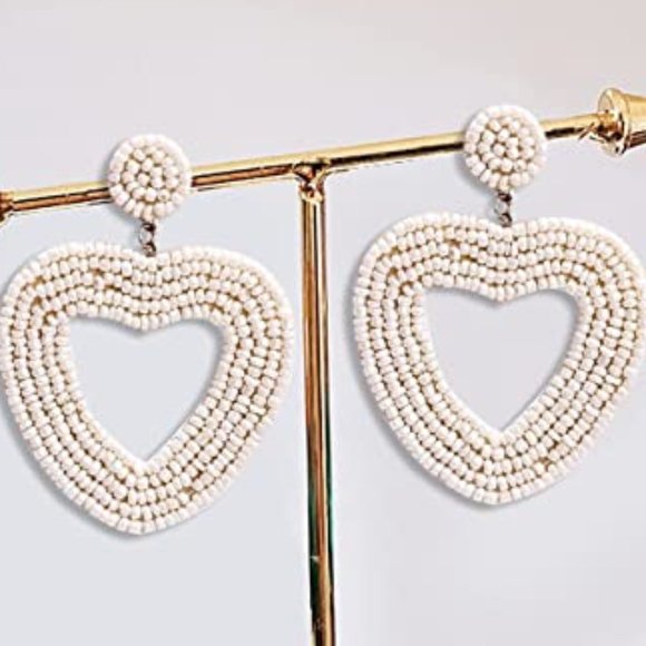 2.5" Handmade Large White Heart Beaded Earrings Beads Handmade - Picture 3 of 4